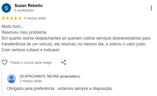 Avaliação 5 estrelas no Google de Suzan Rebello