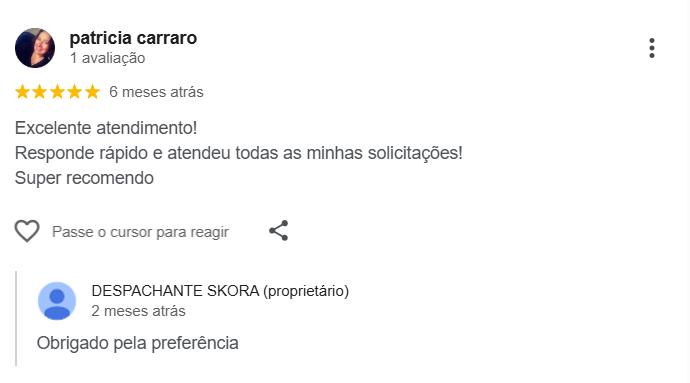 Avaliação 5 estrelas no Google de Aline Mayara