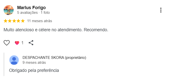 Avaliação 5 estrelas no Google de Marlus Forigo